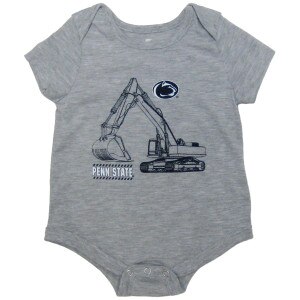 heather gray onesie with excavator, Penn State, and Athletic Logo